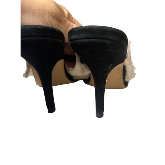 Raye 6.5 Black Heels W/ Ivory & Pink Ruffle Straps And Bow Accents - Picture 4 of 6